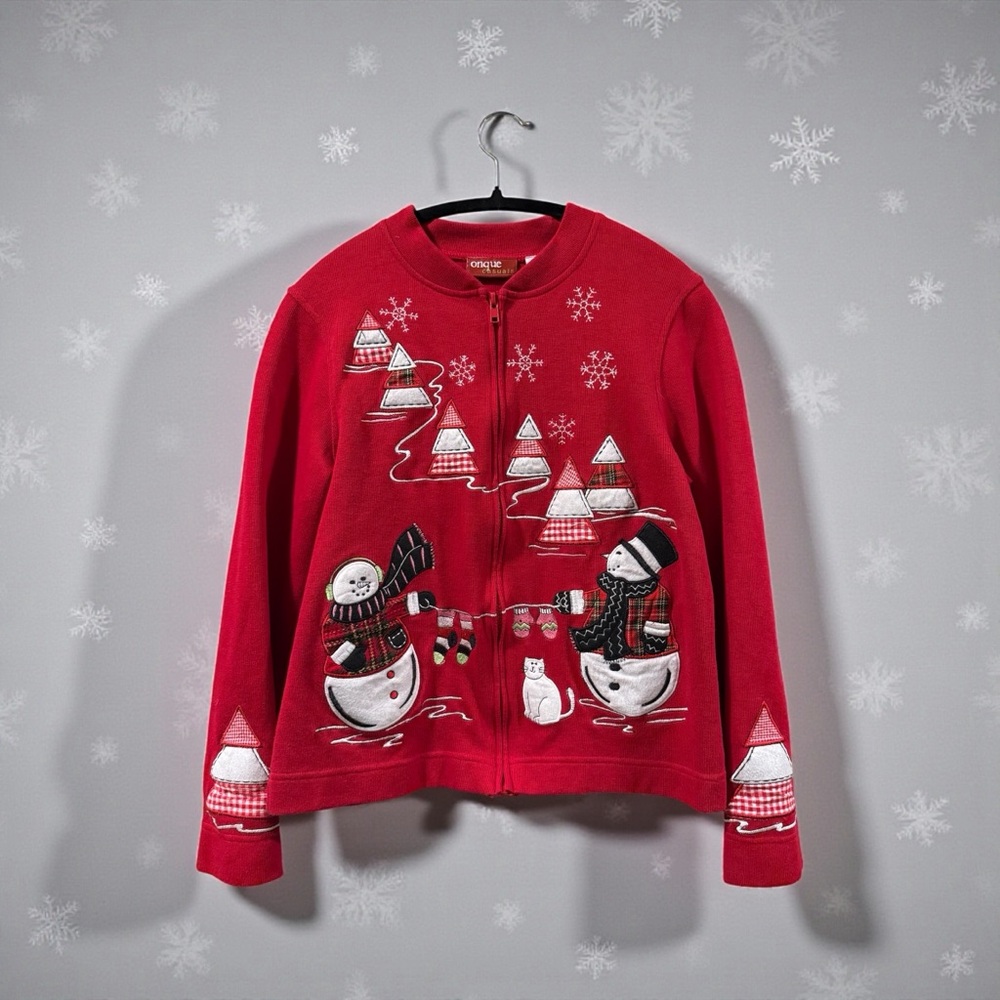 Festive‎ Snowman Christmas Zip-Up Sweater Cardigan- Red